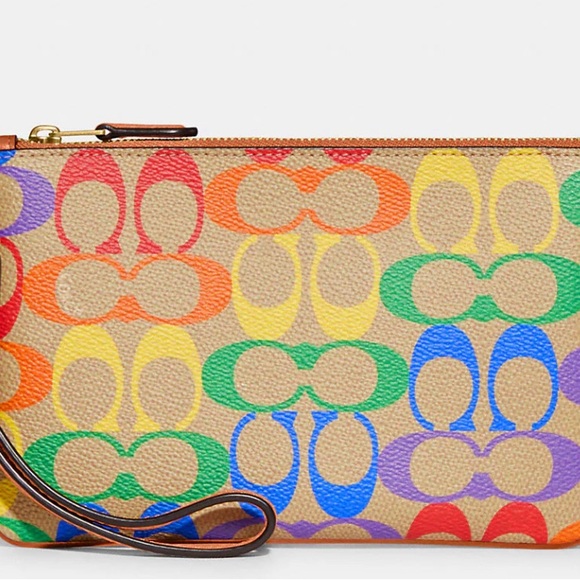 🌈 NWT Coah Small Wristlet In Rainbow Signature Canvas - Brass/Tan Natural Multi - Picture 5 of 8